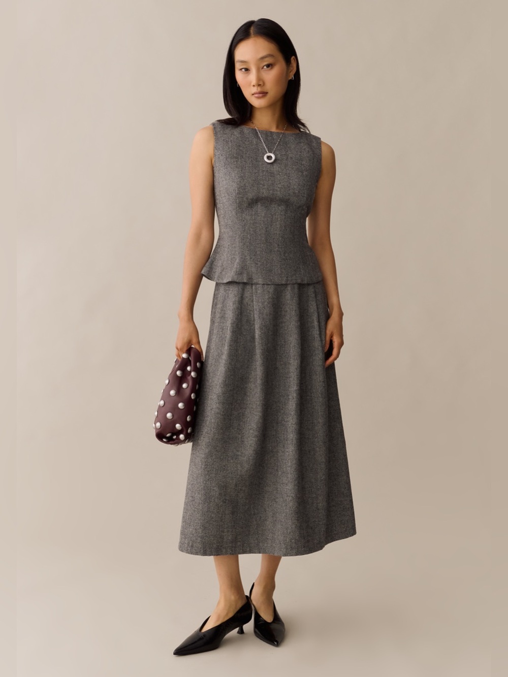 Womens Gray Midi A-Line Skirt and sleeveless fitted top set sz 0.